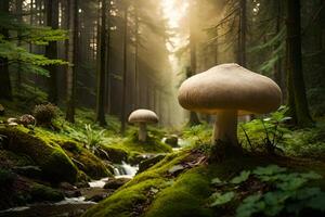 A unordinary world filled with mammoth mushrooms, making a tall story like scene. Ai Generated photo