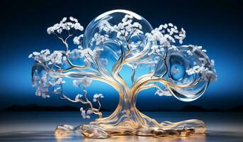 Luminous and bright abstract tree in light blue color. AI generated photo
