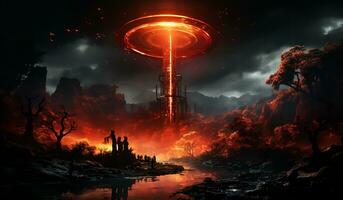 Unreal fantastic landscape with a burst of red light. AI generated photo