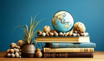 Set of planets and books in an education, environment and back to school concept. AI generated photo