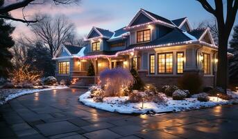 House decorated with Christmas lights. AI generated photo