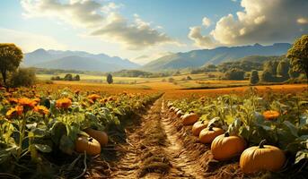 Pumpkin field at sunset. AI generated photo