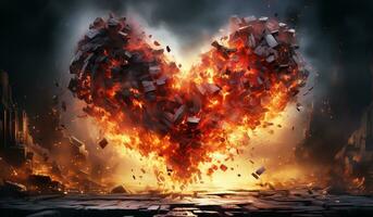 Heart exploded into fire fragments. AI generated photo