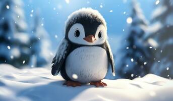 Funny cartoon of baby penguin in the snow. AI generated photo