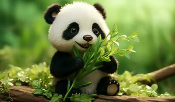 Funny cartoon of baby giant panda eating bamboo. AI generated photo