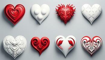 Set of white and red hearts with abstract shapes. AI generated photo