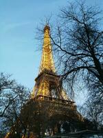 perspectiva de el eiffel torre en París iluminado a el final de el día foto