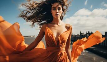 Woman with beautiful long silk dress fluttering in the wind. AI generated photo