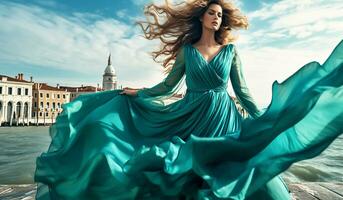 mujer con hermosa largo seda vestir revoloteando en el viento. ai generado foto