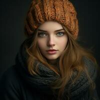 Girl dressed warmly in a woolen hat and scarf. Winter time. AI generated photo