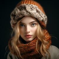 Girl dressed warmly in a woolen hat and scarf. Winter time. AI generated photo