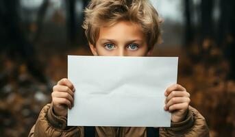 Kid, with his face covered, holds a sheet of paper. Free space for text. Generated AI photo