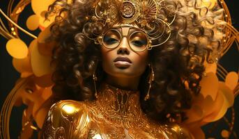 Portrait of a very beautiful woman with golden accessories. AI generated photo