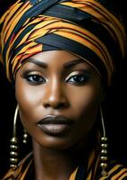 Portrait of very beautiful woman with traditional African turban on her head. AI generated photo