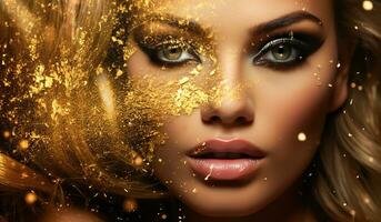 Portrait of a very beautiful woman with golden makeup. AI generated photo