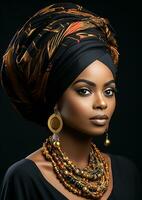 Portrait of very beautiful woman with traditional African turban on her head. AI generated photo