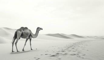 Black and white landscape of camel in the desert. AI generated photo