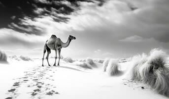 Black and white landscape of camel in the desert. AI generated photo