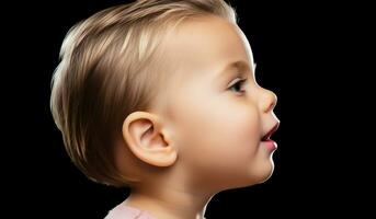 Portrait of a little child isolated on dark background. AI generated photo