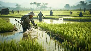 Asian farmer harvesting rice. AI generated photo