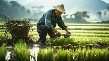 Asian farmer harvesting rice. AI generated photo