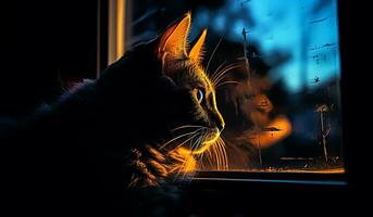 Beautiful image with the silhouette of a cat in the window, against the light, at sunset. AI generated photo