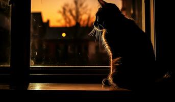 Beautiful image with the silhouette of a cat in the window, against the light, at sunset. AI generated photo