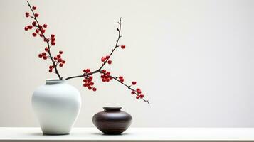 oriental minimalismo todavía vida con maceta y flores en blanco y naranja colores.. ai generado foto