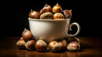 Still life with chestnuts in a porcelain cup. AI generated photo