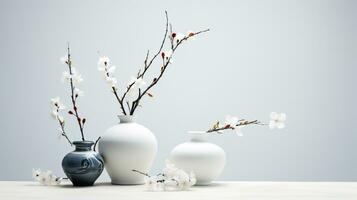 Oriental minimalism still life with pots and flowers. AI generated photo