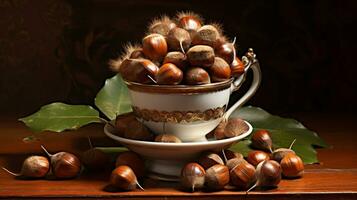 Still life with chestnuts in a porcelain cup. AI generated photo