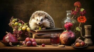 Still life with fruit and flowers and a small hedgehog on the table. AI generated photo