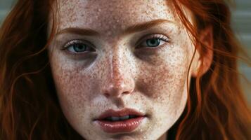 Teenager with freckles on her face and red hair posing. AI generated photo