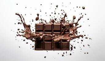 Splash of dark chocolate bar in liquid chocolate, for a culinary advertisement. AI generated photo