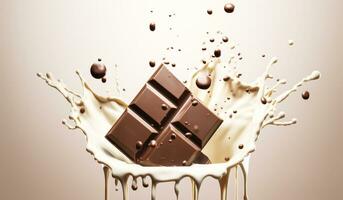 Splash of dark chocolate bar in white chocolate, for a culinary advertisement. AI generated photo