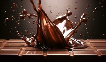 Splash of dark chocolate bar in liquid chocolate, for a culinary advertisement. AI generated photo