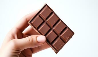 Female hand holds a bar of dark chocolate on a white background, for a culinary advertisement. AI generated photo