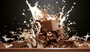 Splash of dark chocolate bar in liquid chocolate, for a culinary advertisement. AI generated photo