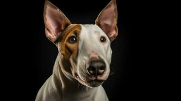 Realistic portrait of Bull Terrier dog. AI generated photo