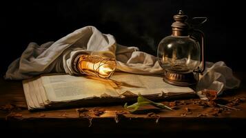 Still life with antique candle lantern and vintage fabric. AI generated photo