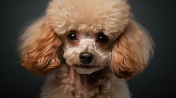 Realistic portrait of mini Poodle dog. AI generated photo