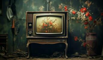 todavía vida de un sucio y abandonado habitación con un antiguo televisión. ai generado foto