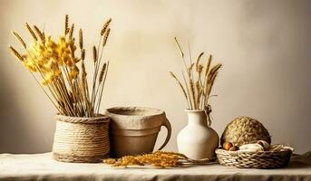 Straw baskets with dried flower arrangements. AI generated photo