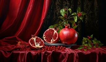 Still life with pomegranates and red curtain. Christmas time. AI generated photo