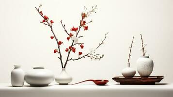 Oriental minimalism still life with pots and flowers. AI generated photo