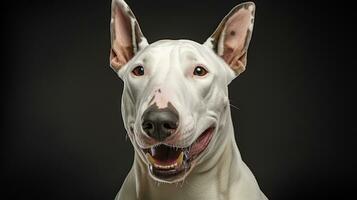 Realistic portrait of Bull Terrier dog. AI generated photo