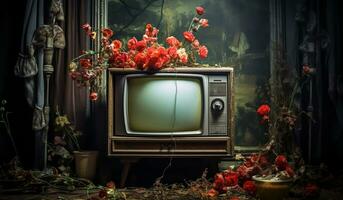 todavía vida de un sucio y abandonado habitación con un antiguo televisión. ai generado foto