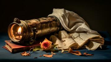 Still life with antique candle lantern and vintage curtain. AI generated photo