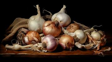 Still life with garlic and onions on wooden table. AI generated photo