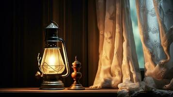 Still life with antique candle lantern and vintage curtain. AI generated photo